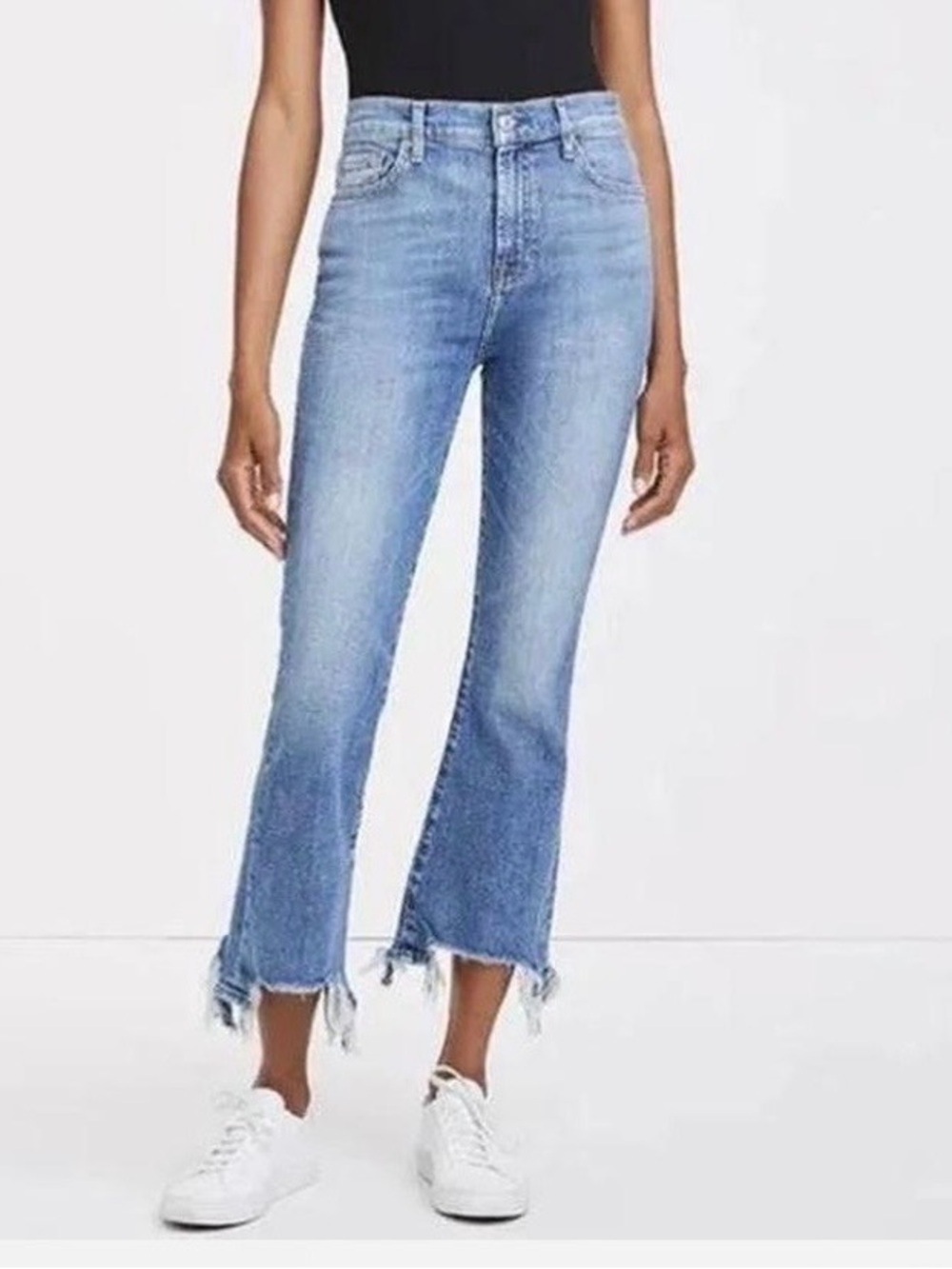 7 For All Mankind Light Blue Cropped Frayed-Hem Jeans